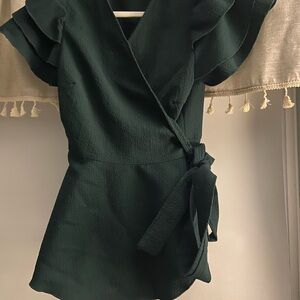 Dark Green Wrap Peplum Top